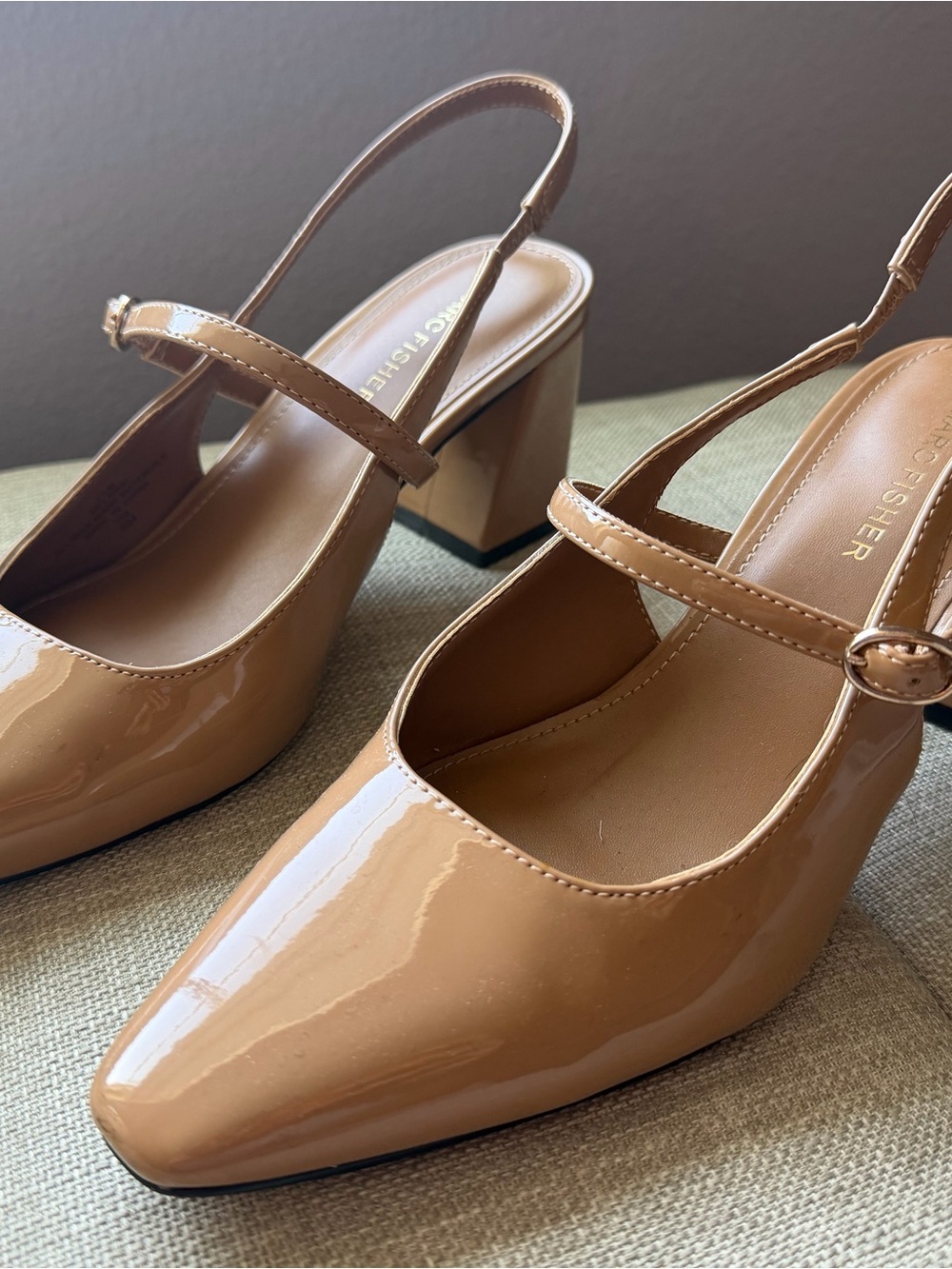 Marc Fisher Patent Tan Slingback Block Heels